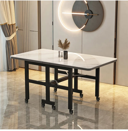 Extendable Dark Luxury Dining Table — Space-Saving with Casters