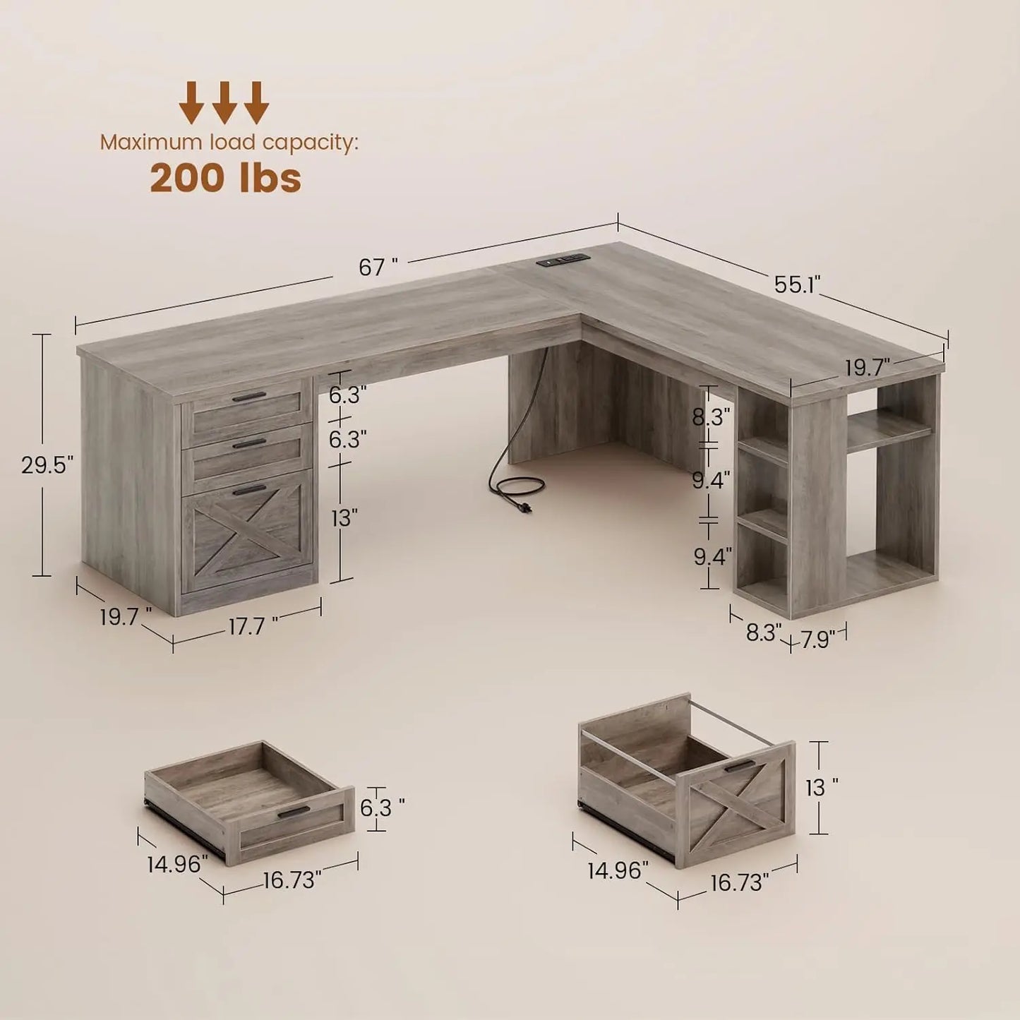 Farmhouse 67" L-Shaped Desk with 3 Drawers & Storage Shelves