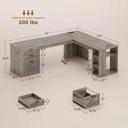 Farmhouse 67" L-Shaped Desk with 3 Drawers & Storage Shelves