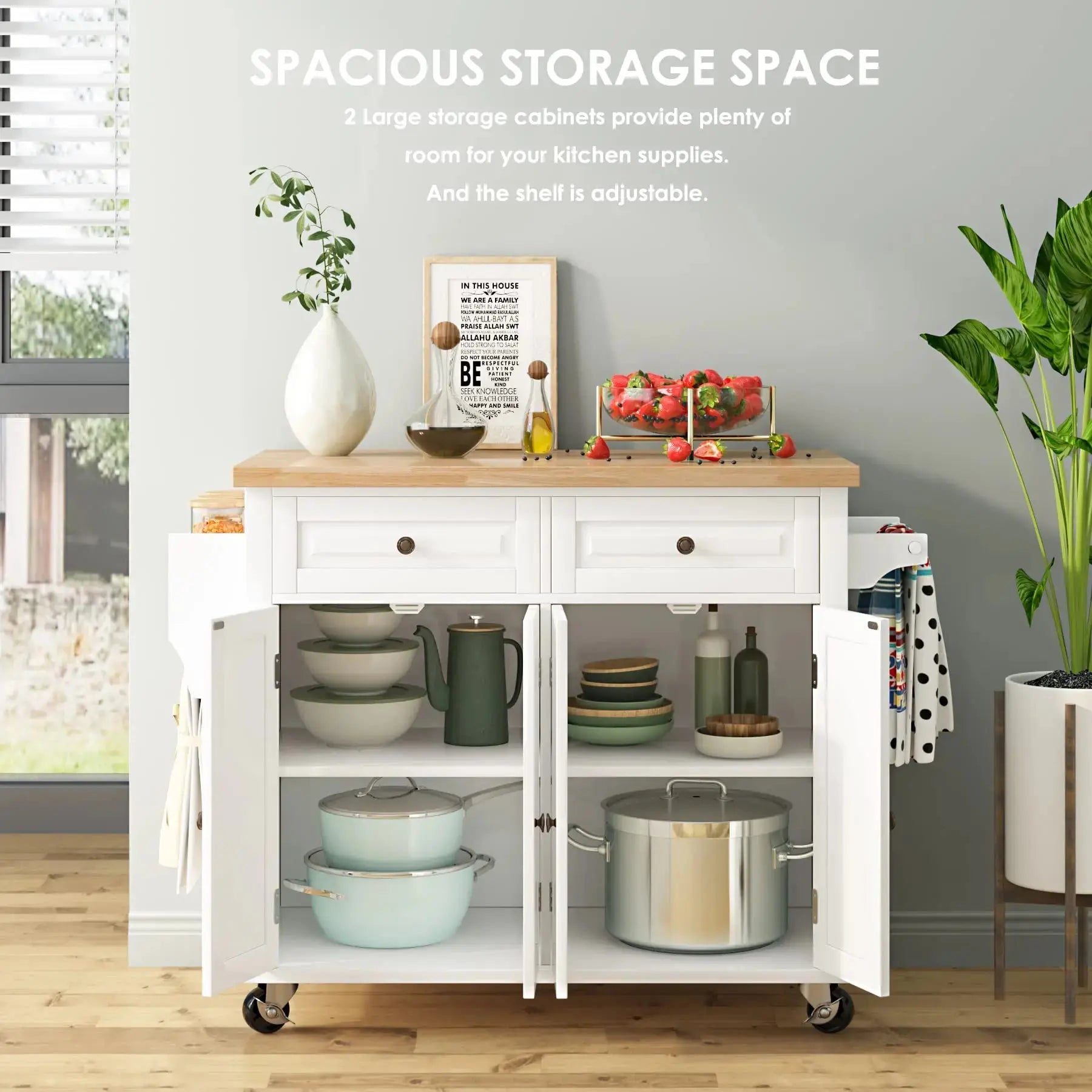 Rolling Kitchen Island Cart with Storage Cabinets &amp; 2 Drawers — Farmhouse Style Jonine&