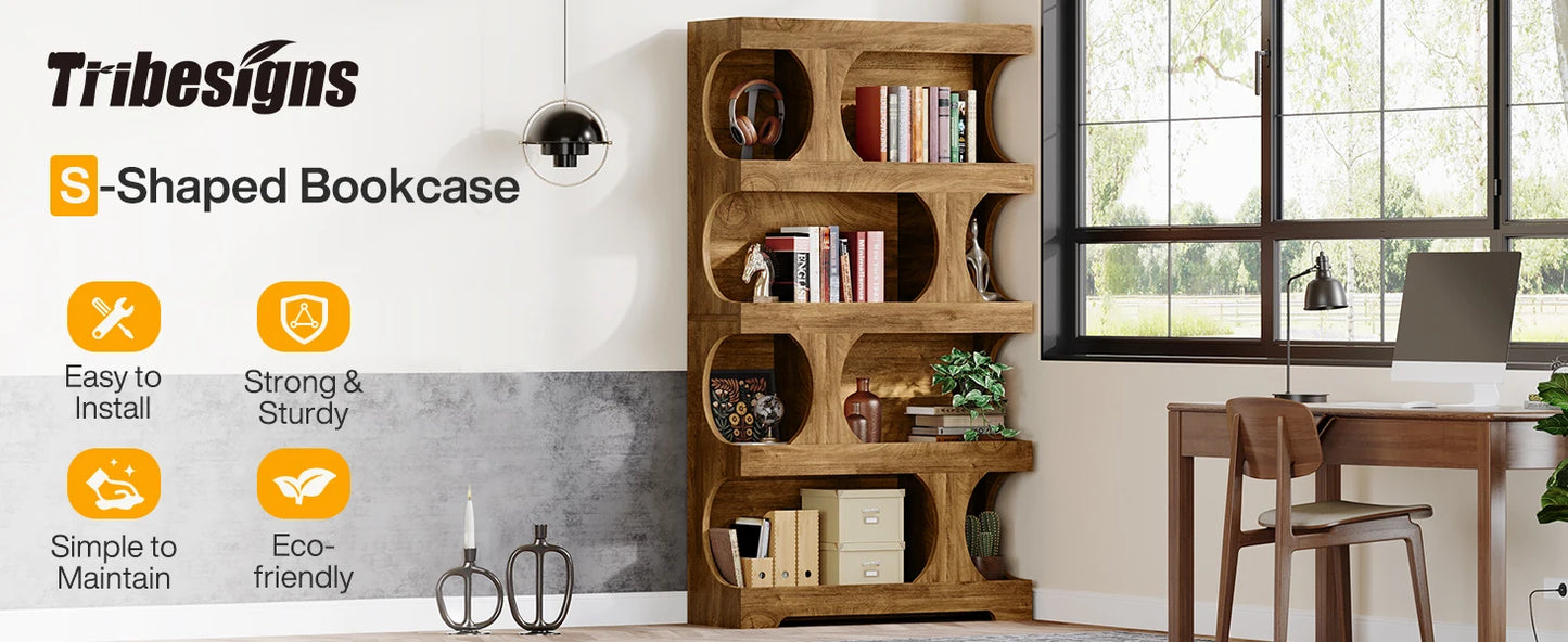 Curves That Work — Tribesigns 71" Tall S-Shaped Bookcase & Display Shelving