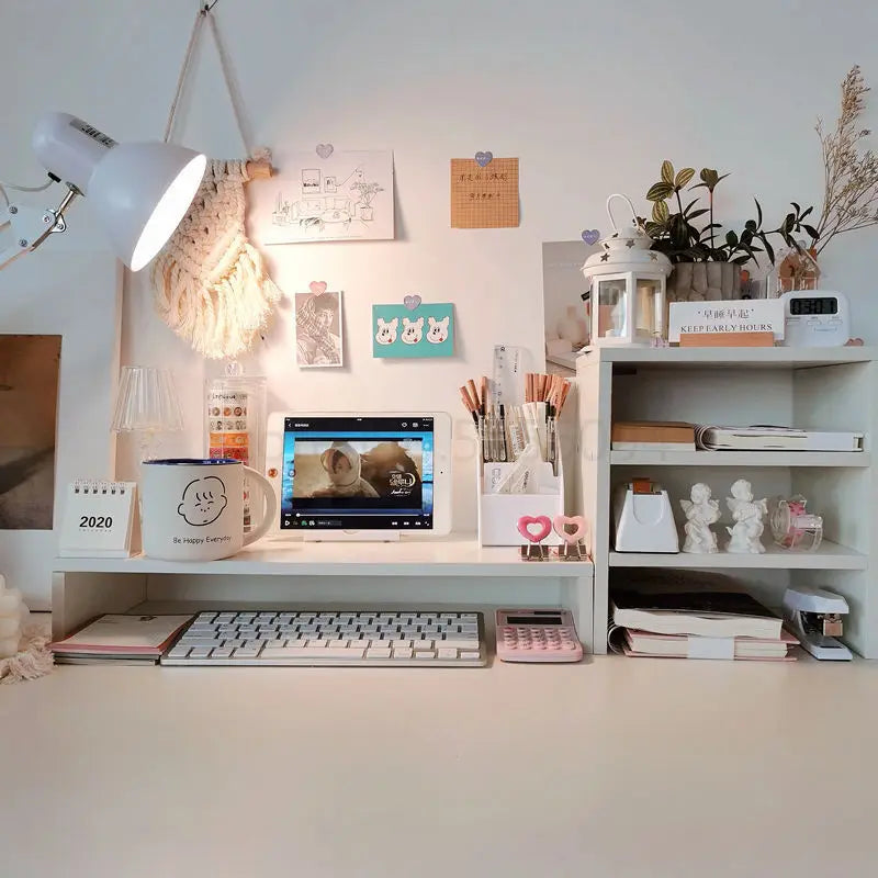 Clear the Desk, Clear the Mind  Wooden Desktop Storage Rack & Monitor Stand for Home Office