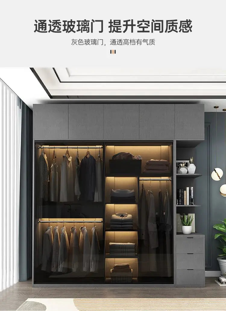 Bedroom Glass Sliding Door Wardrobe Clothes Storage Cabinet Closet Double Wardrobe Cabinets Wardrobes Furniture Modern Simple Jonine&