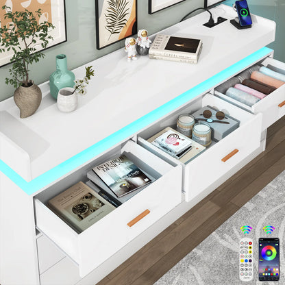 7 Drawer Dresser with LED Light and Charging Station, Modern Chest of Drawers for Closet, Wide Drawer Organizer Cabinet for Bedr