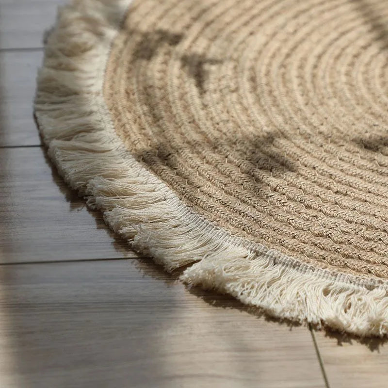 Hand-Woven Natural Jute Round Rug with Tassels – 80cm Boho Floor Mat