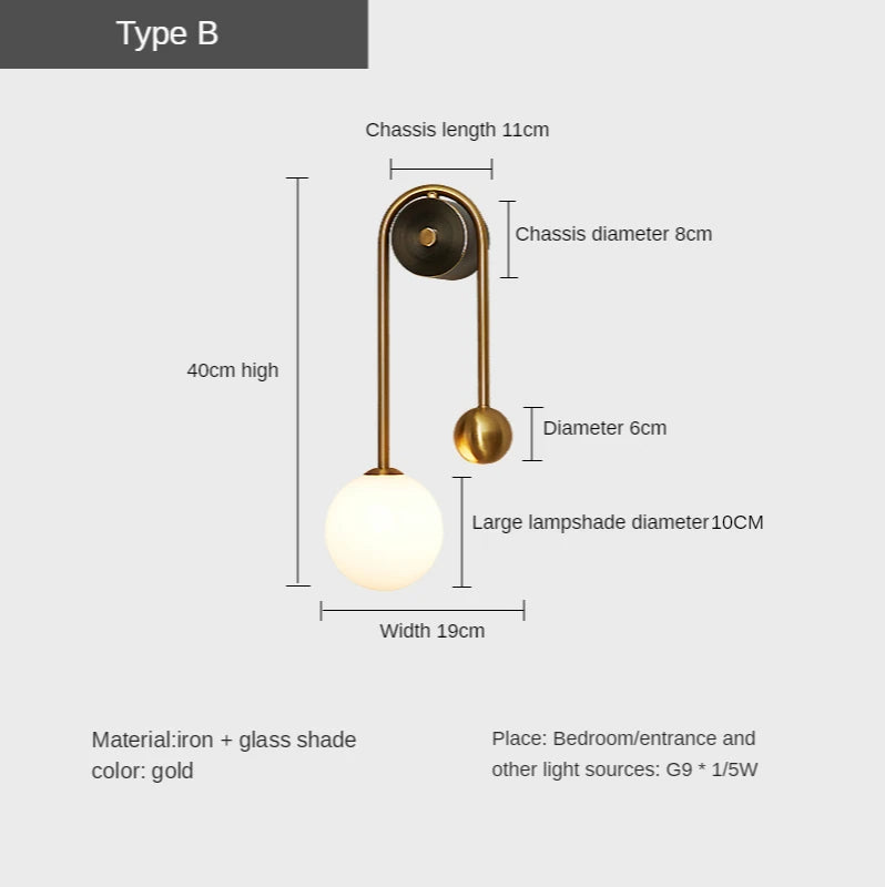 Gold Glass Ball LED Wall Sconce — Modern Bedroom & Living Room Light