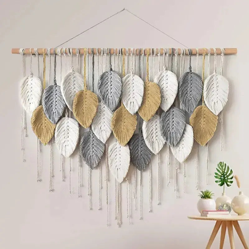 Boho Home Decoration, Macrame Tapestry Macrame Leaf Feather Wall Hanging Decor for Living Room Bedroom, Boho Wall Art Home Decor Jonine’s Corner