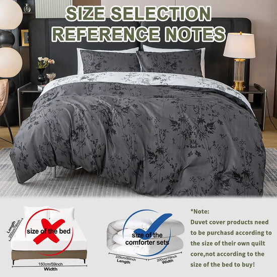 Black and White Plant Print Three-Piece Quilt Cover Set (1 Quilt Cover + 2 Pillowcases) Ultra-Soft Breathable Fabric, Skin-Friendly, Comfortable, Breathable, Machine Washable, Suitable for All Seasons, Elegant and Exquisite, Jonine&