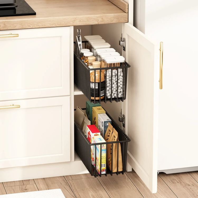 2Pcs Pull Out Cabinet Organizer Carbon Steel Slide Out Drawers Sliding Pantry Shelves For Kitchen Base Cabinet Organization Jonine&