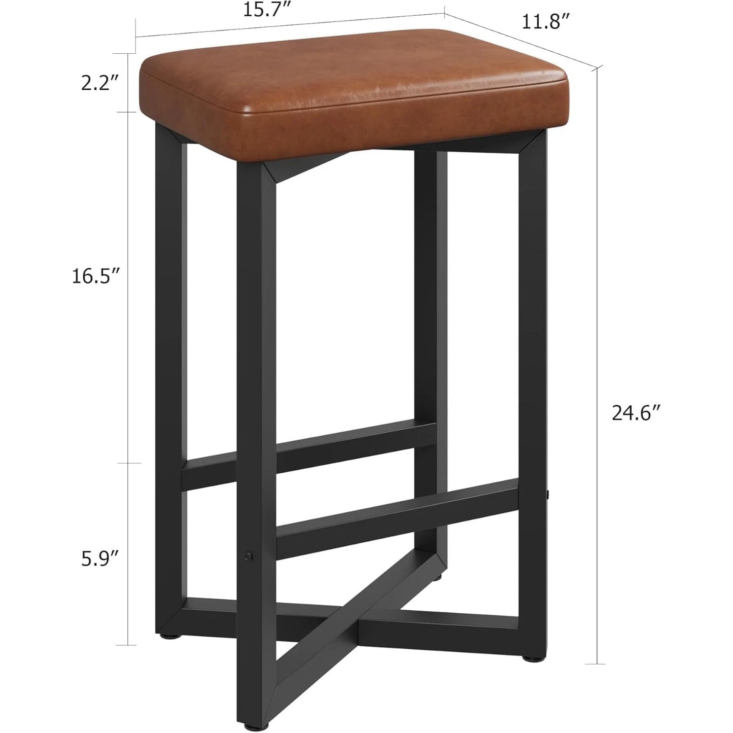 24" Bar Stools Set of 2 — Backless Counter Height with PU Leather Seat featuring a brown cushioned seat and sturdy black metal frame with crossbar support for modern dining spaces.