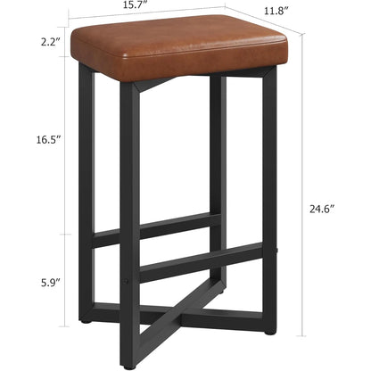 24" Bar Stools Set of 2 — Backless Counter Height with PU Leather Seat featuring a brown cushioned seat and sturdy black metal frame with crossbar support for modern dining spaces.