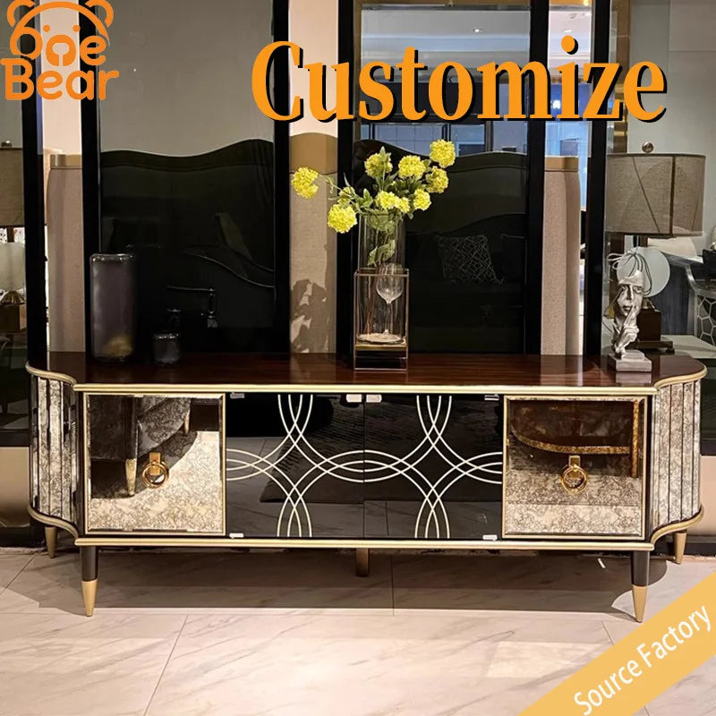 American retro sideboard with rich wood cabinet doors drawers and luxury brass accents