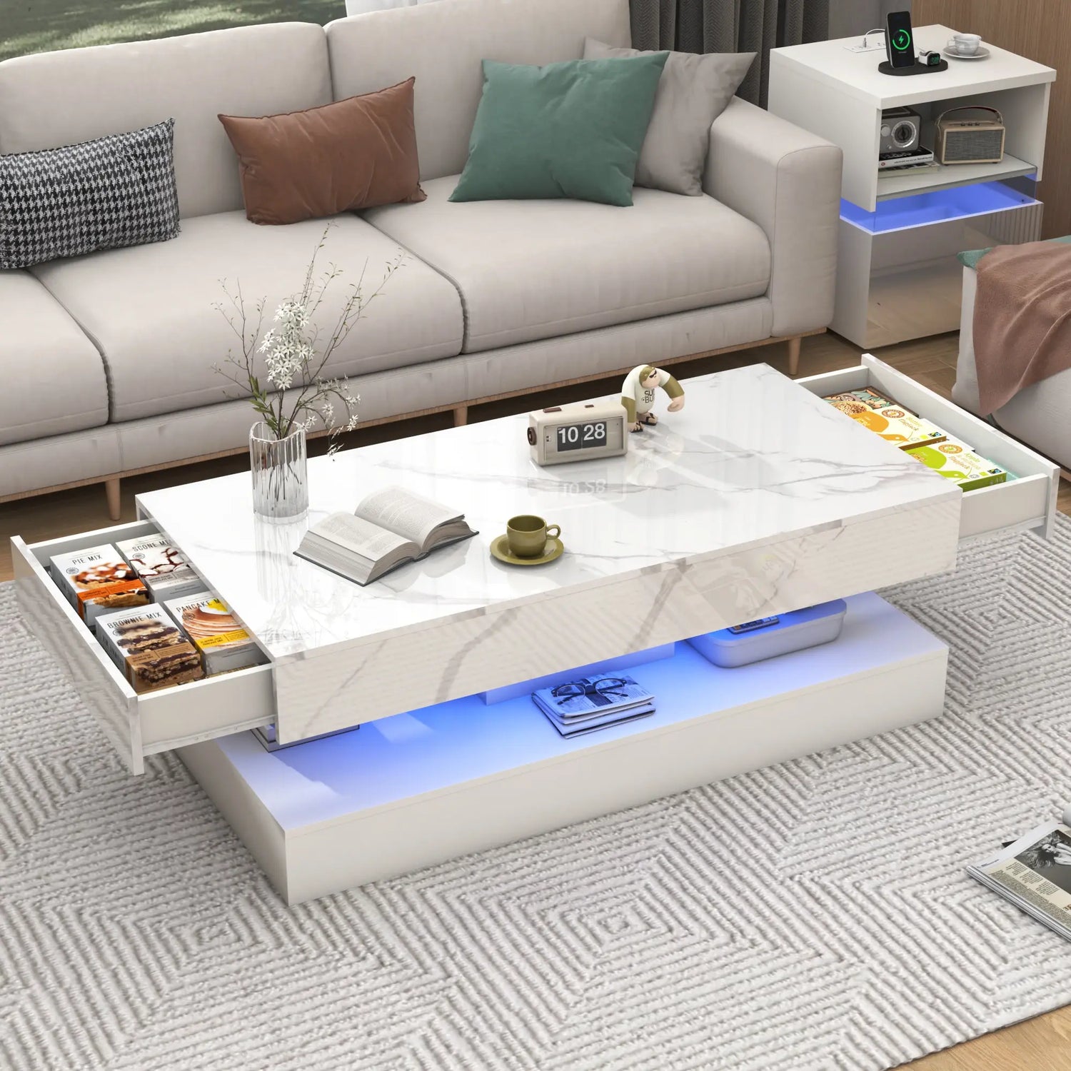 Modern Stylish Coffee Table with LED lights, Double-Layer Design for Living Room Coffee Table with 2 Storage Drawers Jonine&