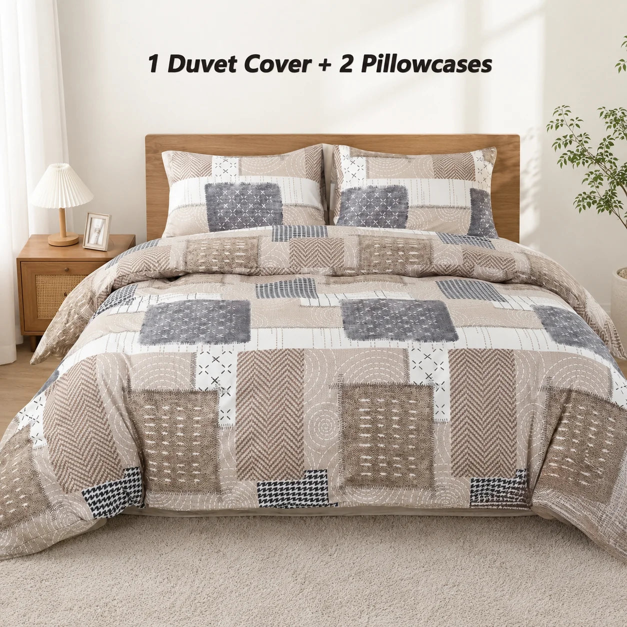 Boho Patchwork Duvet Cover Set, Beige Grey Geometric Bedding Set, Farmhouse Soft Bed Cover with Pillowcases, Twin Full Queen King Breathable and Ultra-Soft, Suitable for All Seasons, Includes 1 Duvet Cover and 1-2 Pillowcases Jonine&