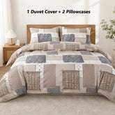 Boho Patchwork Duvet Cover Set, Beige Grey Geometric Bedding Set, Farmhouse Soft Bed Cover with Pillowcases, Twin Full Queen King Breathable and Ultra-Soft, Suitable for All Seasons, Includes 1 Duvet Cover and 1-2 Pillowcases Jonine&