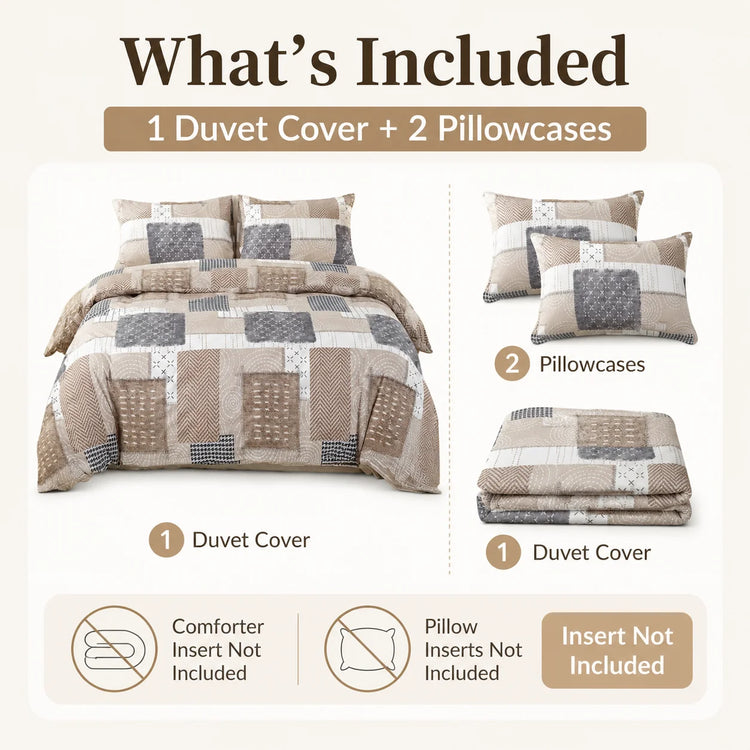 Boho Patchwork Duvet Cover Set, Beige Grey Geometric Bedding Set, Farmhouse Soft Bed Cover with Pillowcases, Twin Full Queen King Breathable and Ultra-Soft, Suitable for All Seasons, Includes 1 Duvet Cover and 1-2 Pillowcases Jonine&