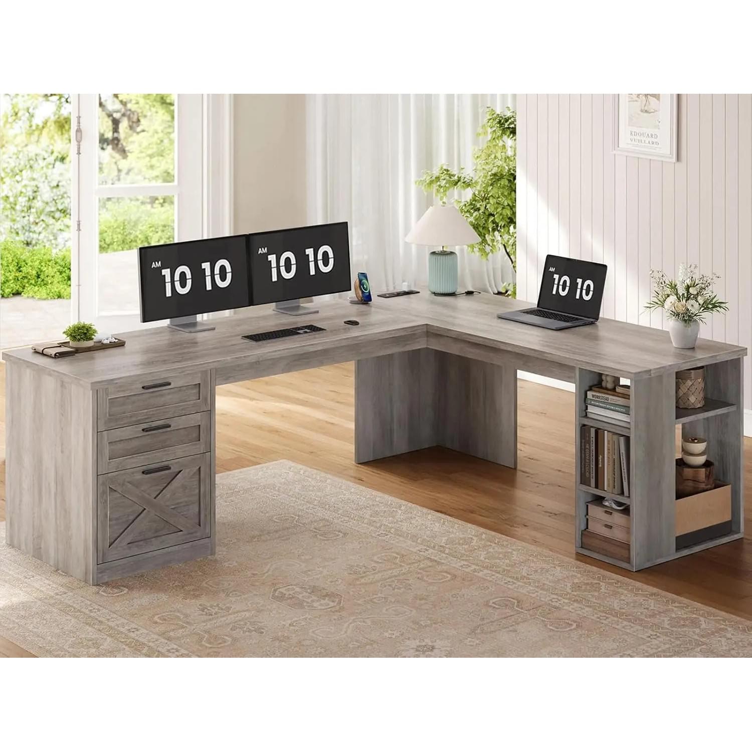 Farmhouse 67" L-Shaped Desk with 3 Drawers &amp; Storage Shelves