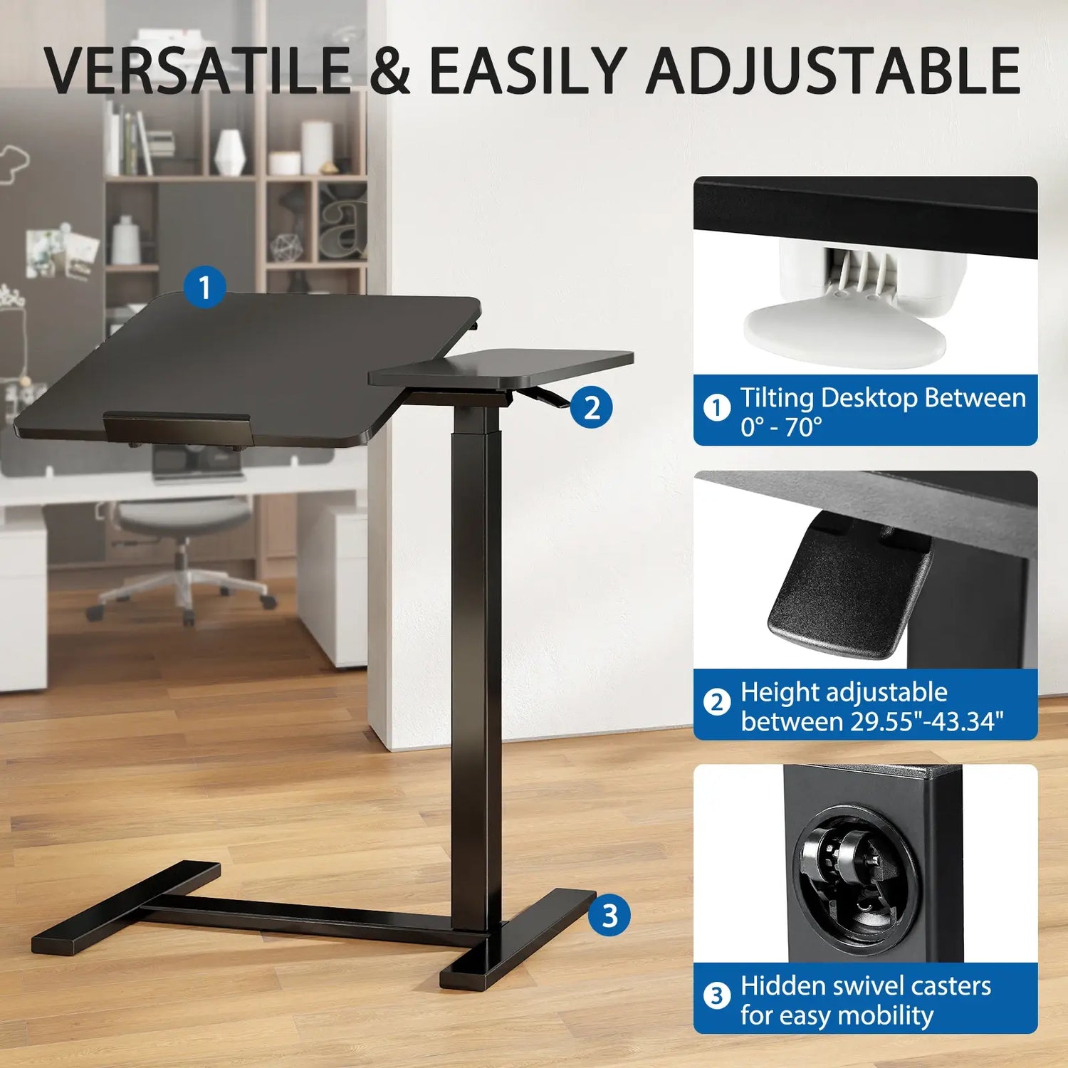 JHK Overbed Bedside Flip Lap Desk with Wheels and Tilt Top Adjustable Height Home Use Bed Table Mobile Standing Desk For Bedroom Jonine&