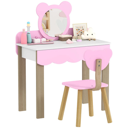 Her First Vanity — Children's Dressing Table Set with Bear Mirror & Stool in Pink & White