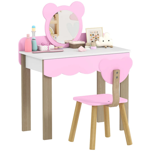 Her First Vanity — Children's Dressing Table Set with Bear Mirror & Stool in Pink & White