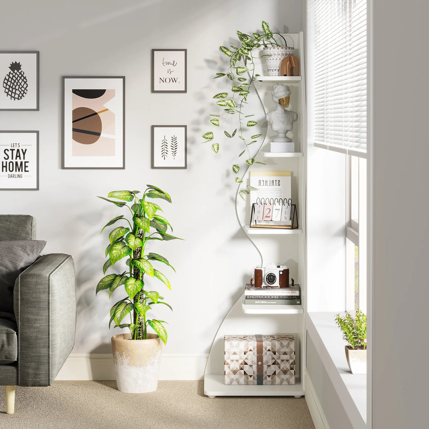 Tribesigns Corner Shelf, Modern 5-Tier Wall Corner Bookshelf, Stylish Corner Small Bookcase Storage Rack Plant Stand