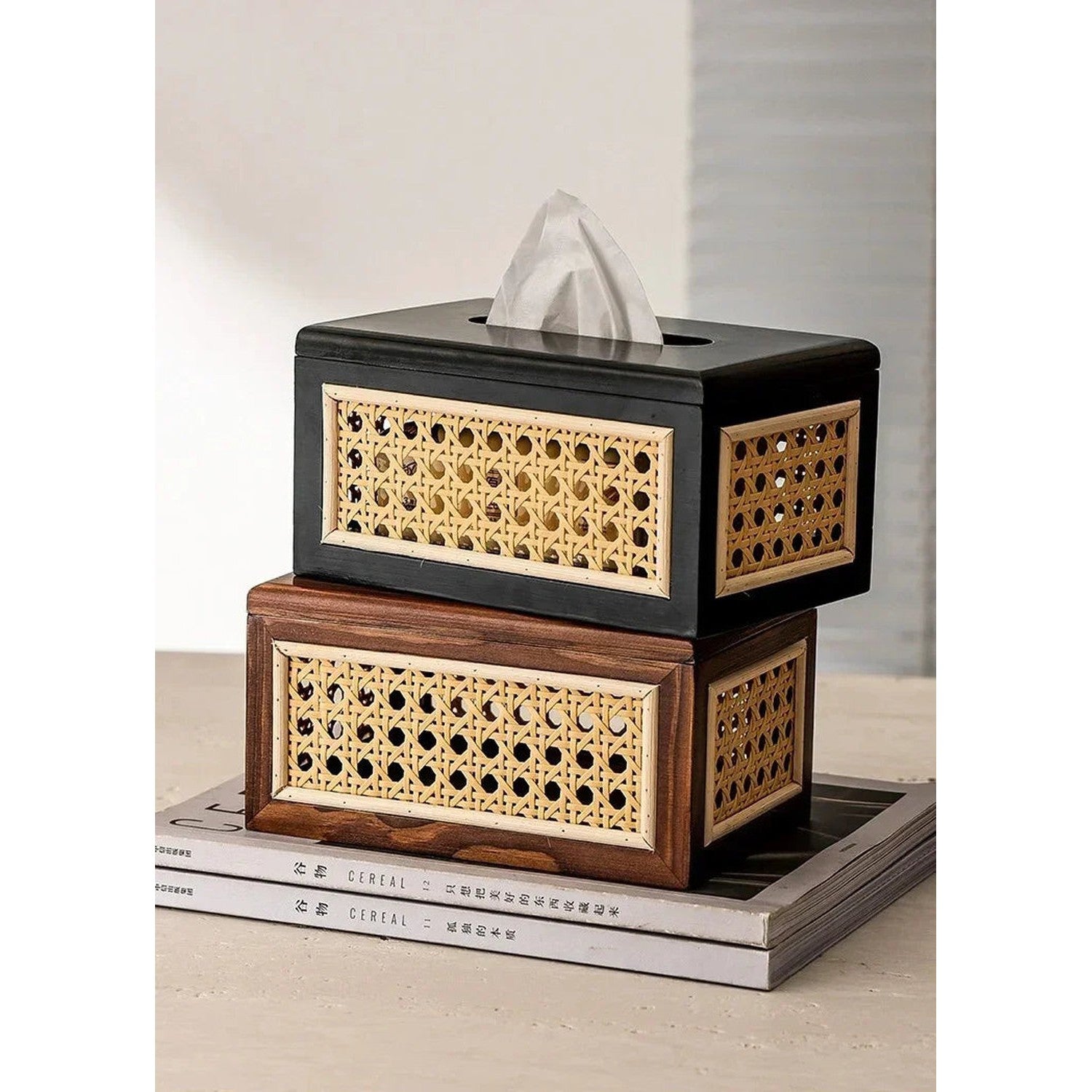 Rattan &amp; Wood Tissue Box