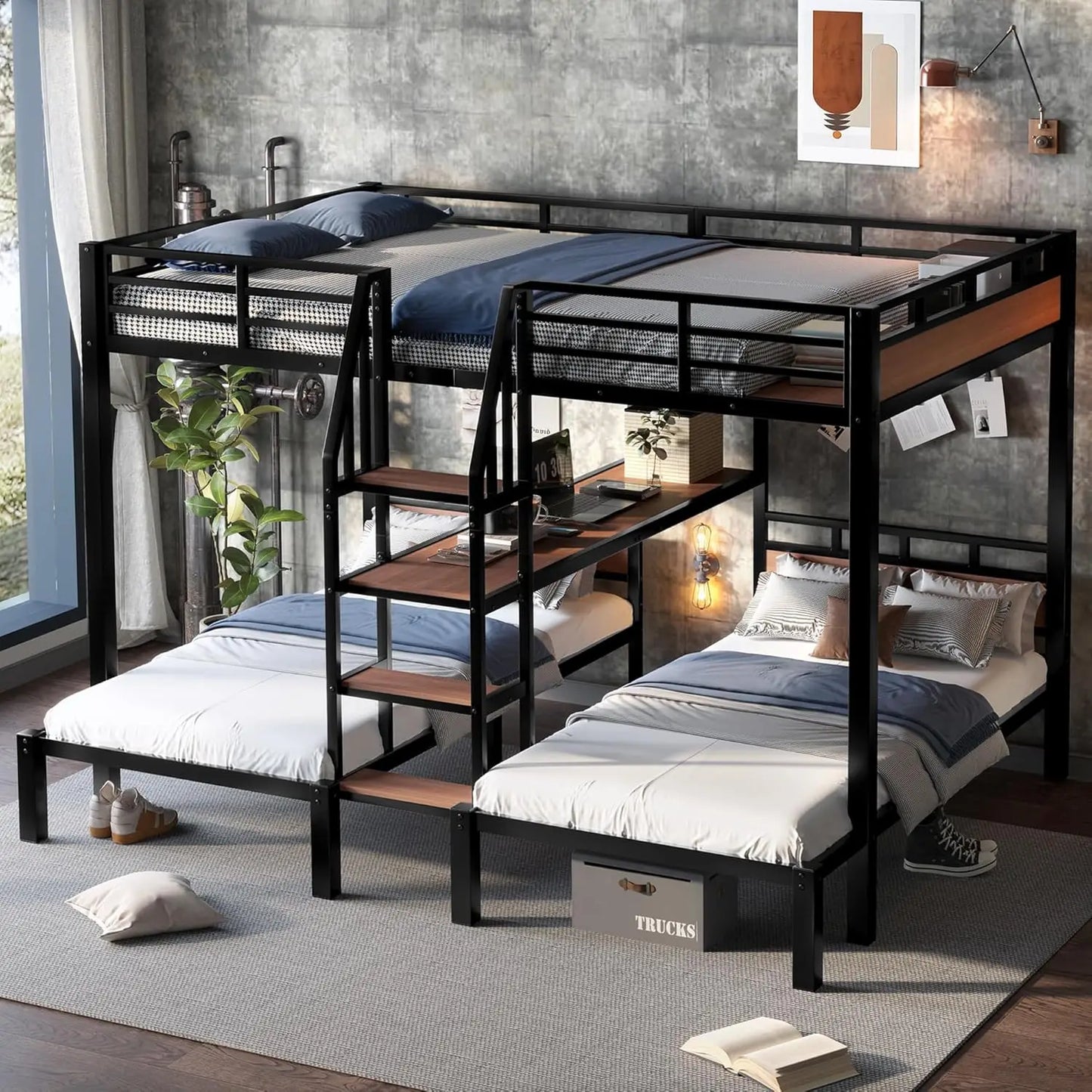 3-in-1 Queen Over Twin Metal Bunk Bed with Storage Stairs