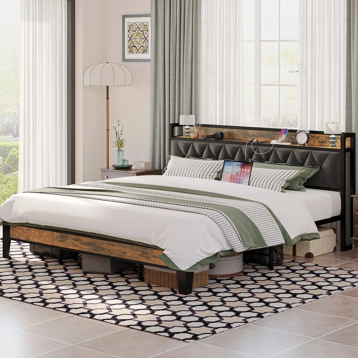 ANCTOR Twin/TwinXL/Full/Queen/King/CaliforniaKing Bed Frames, Storage Headboard with Outlets, No Noise, No Box Springs Needed Jonine&