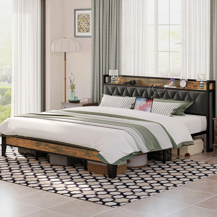 ANCTOR Twin/TwinXL/Full/Queen/King/CaliforniaKing Bed Frames, Storage Headboard with Outlets, No Noise, No Box Springs Needed Jonine&
