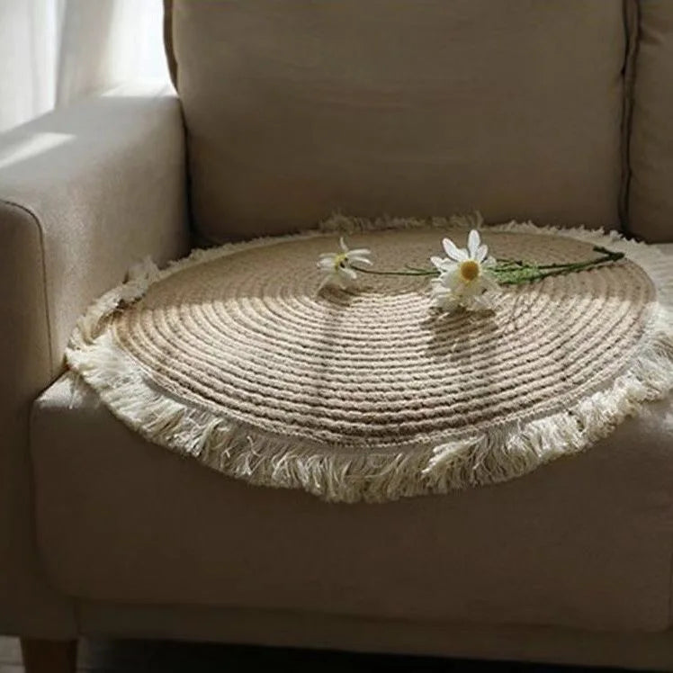 The Grounding Layer — Handwoven Natural Jute Round Rug with Tassels