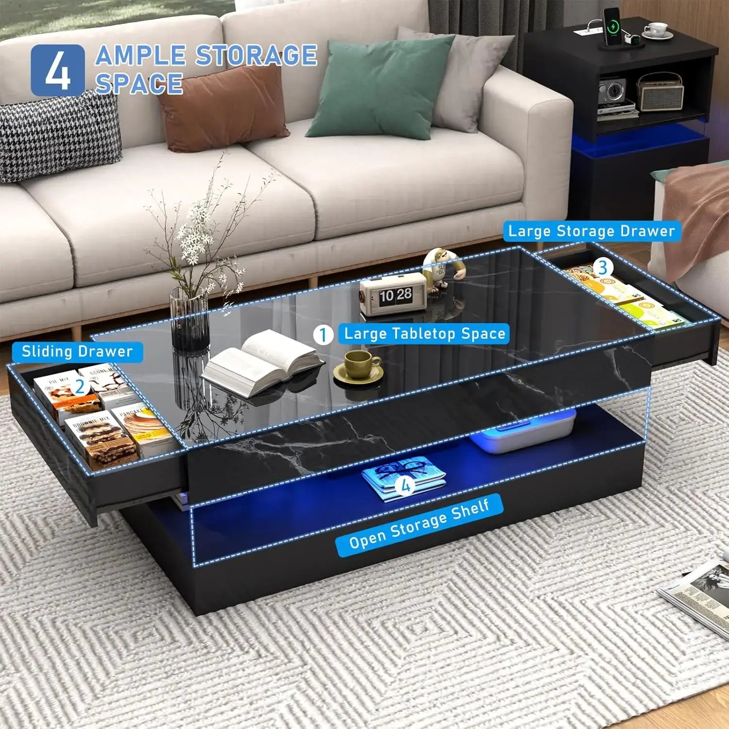 Modern Stylish Coffee Table with LED lights, Double-Layer Design for Living Room Coffee Table with 2 Storage Drawers Jonine&