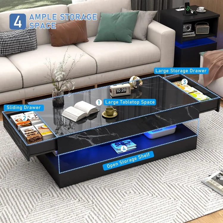 Modern Stylish Coffee Table with LED lights, Double-Layer Design for Living Room Coffee Table with 2 Storage Drawers Jonine&