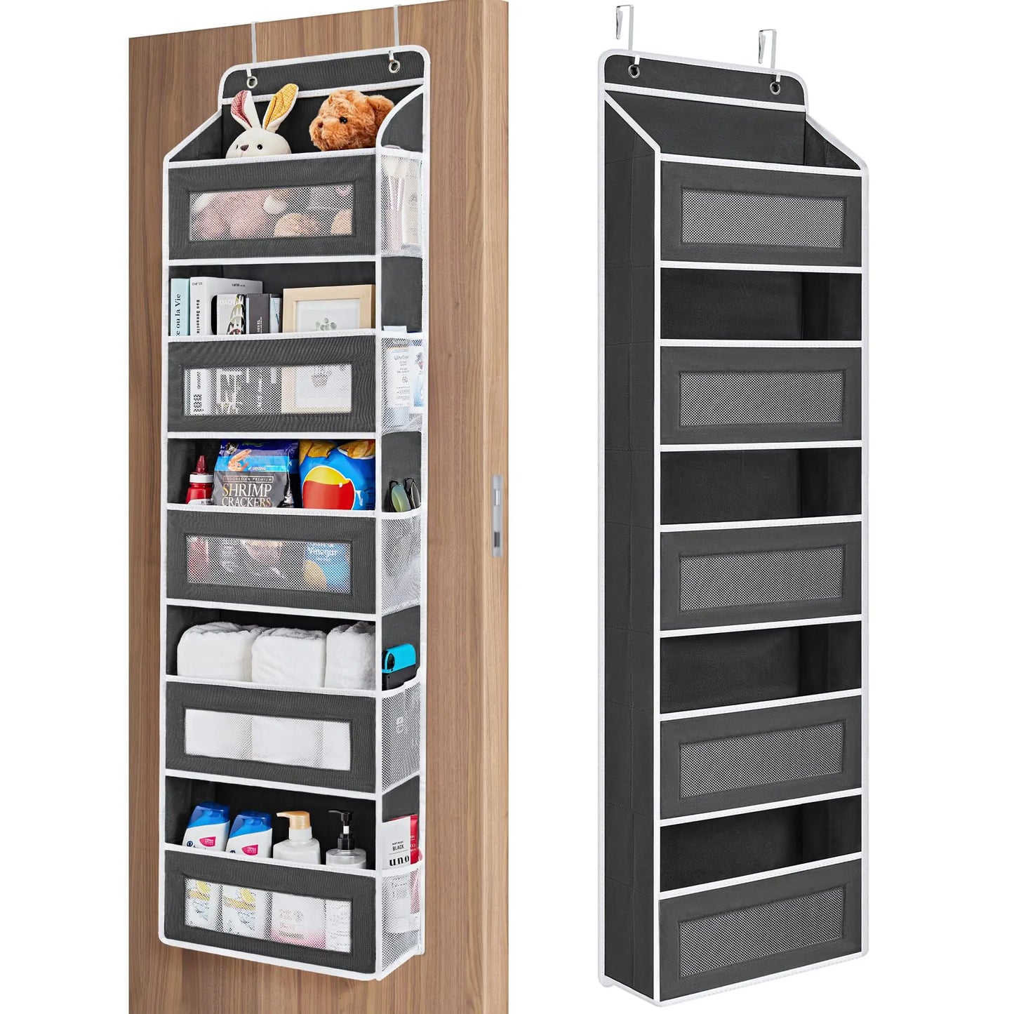 Hanging five-shelf fabric organizer with clear pockets and over-the-door hooks