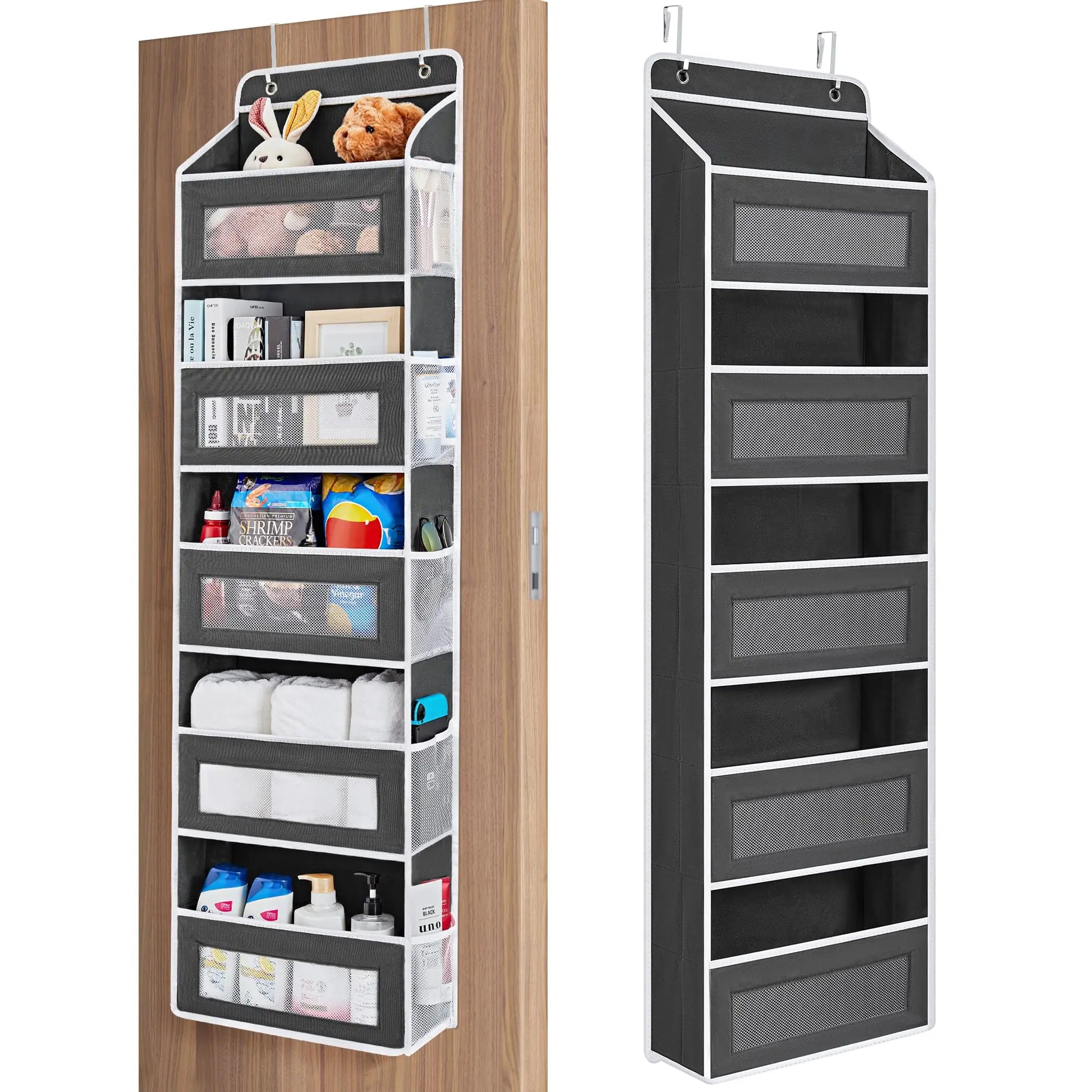 Hanging five-shelf fabric organizer with clear pockets and over-the-door hooks