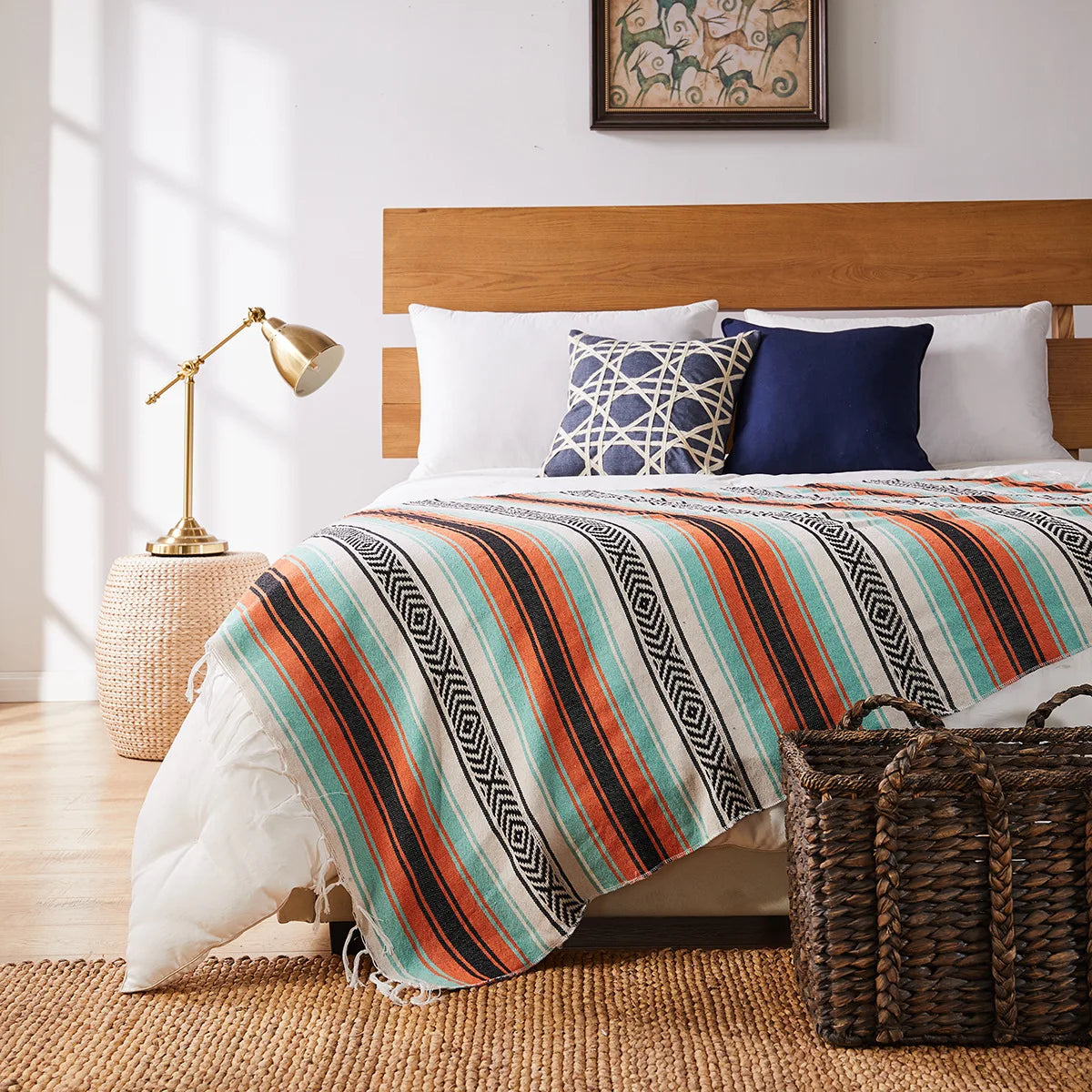 Mexican Handwoven Throw Blanket — Striped Tassel, 130×170cm