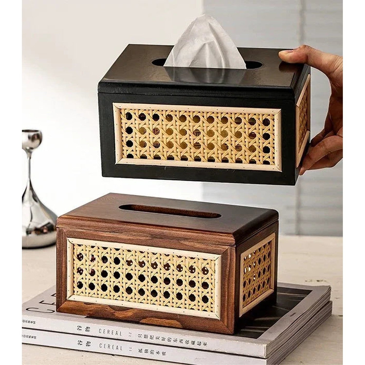 Rattan &amp; Wood Tissue Box