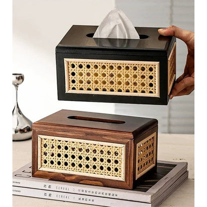 Rattan &amp; Wood Tissue Box