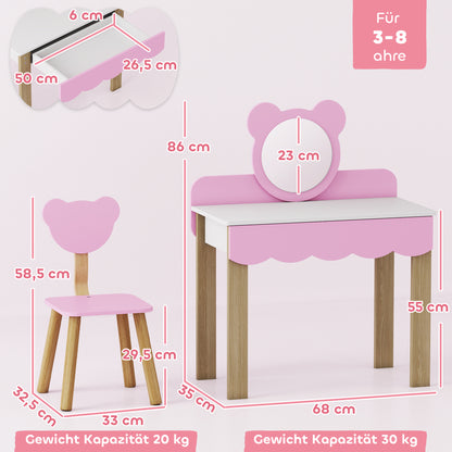 Her First Vanity — Children's Dressing Table Set with Bear Mirror & Stool in Pink & White