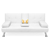White Faux Leather Convertible Sofa Futon with 2 Cup Holders-0
