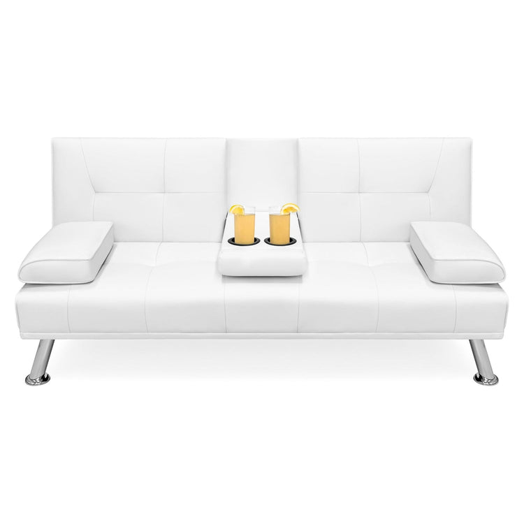 White Faux Leather Convertible Sofa Futon with 2 Cup Holders-0