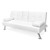 White Faux Leather Convertible Sofa Futon with 2 Cup Holders-2
