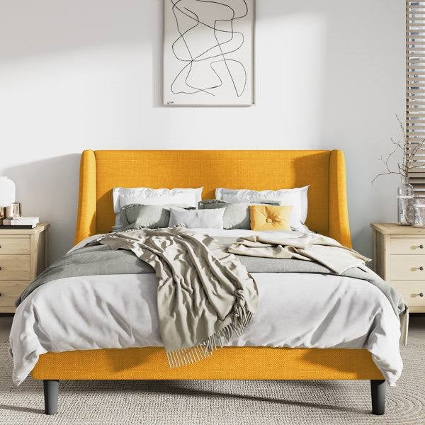 Yellow Linen Wingback Platform Bed — Queen, Upholstered