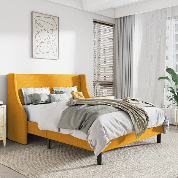 Yellow Linen Wingback Platform Bed — Queen, Upholstered