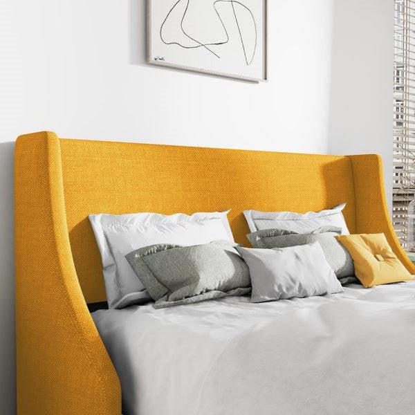 Yellow Linen Wingback Platform Bed — Queen, Upholstered