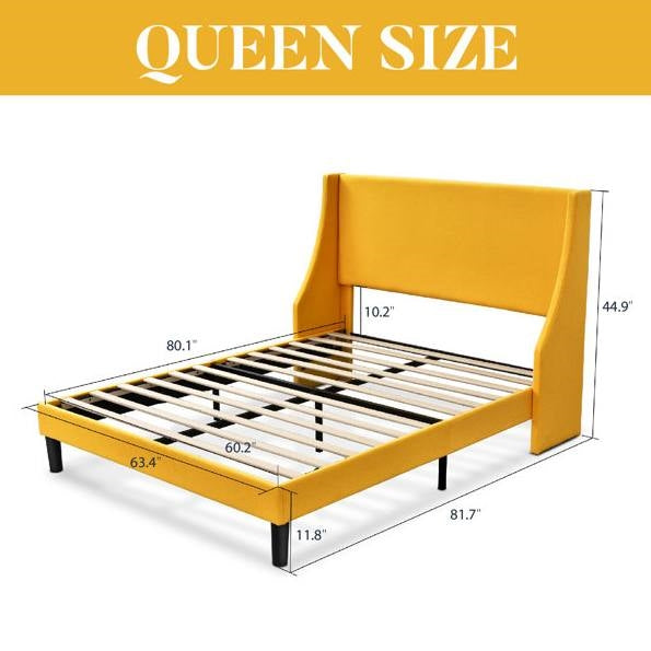 Yellow Linen Wingback Platform Bed — Queen, Upholstered