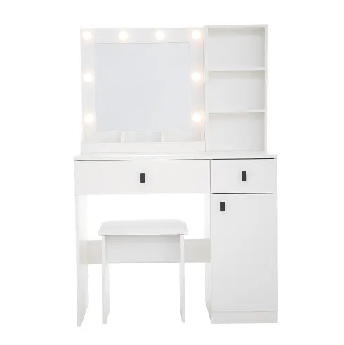 Vanity Desk with Lighted Mirror & Drawers — Adjustable Brightness Bedroom Vanity