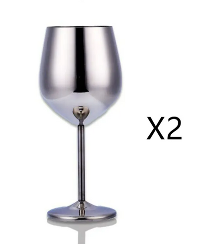 Two silver stainless steel wine glasses shown as a reflective stemmed glass set
