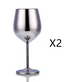 Two silver stainless steel wine glasses shown as a reflective stemmed glass set