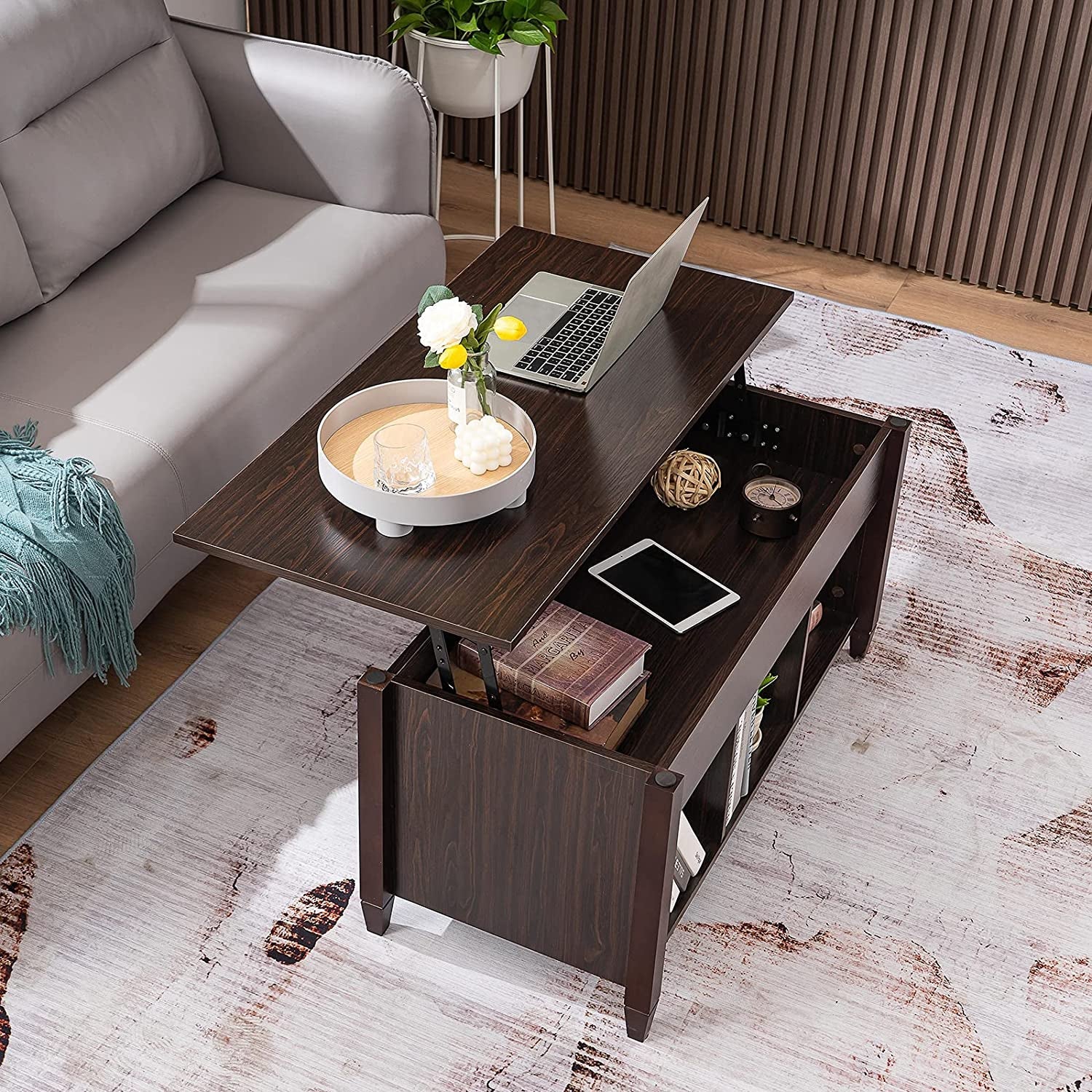 The Table That Does More  Lift Top Coffee Table with Hidden Compartment &amp; Open Shelves