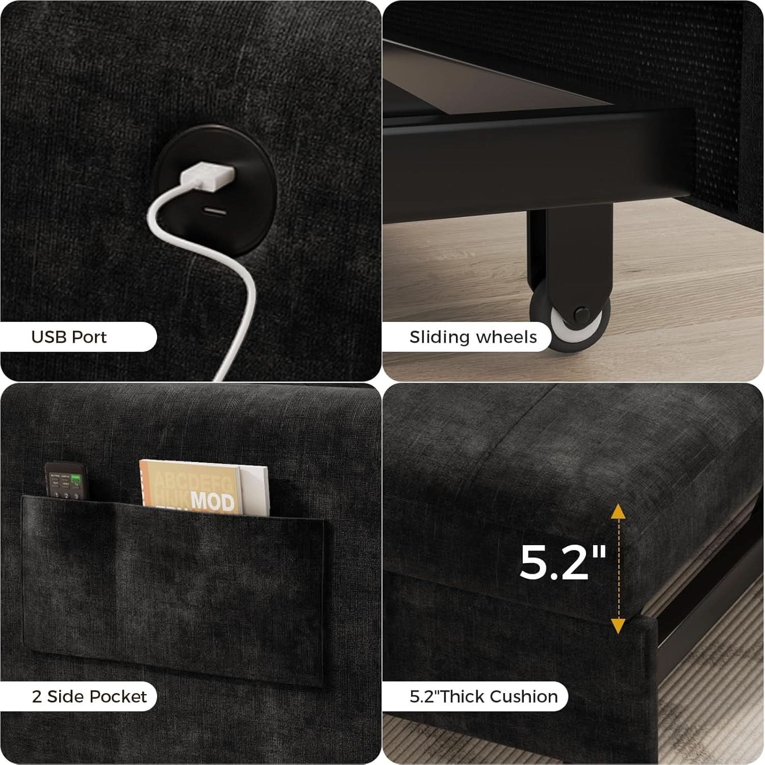 Black Upholstered Sleeper Chair Pull Out Bed For Small Rooms-4
